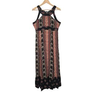 Free People Dress Womens Small Black Red Boho Maxi Floral Lace Up Back Summer